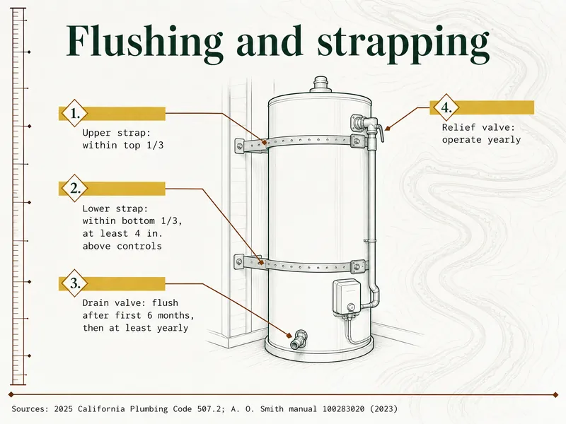 Survey chart titled Flushing and strapping, a line drawing of a tank water heater against a wall with four markers: 1 upper strap within top 1/3; 2 lower strap within bottom 1/3, at least 4 in. above controls; 3 drain valve, flush after first 6 months, then at least yearly; 4 relief valve, operate yearly; sources 2025 California Plumbing Code 507.2 and A. O. Smith manual 100283020 (2023)