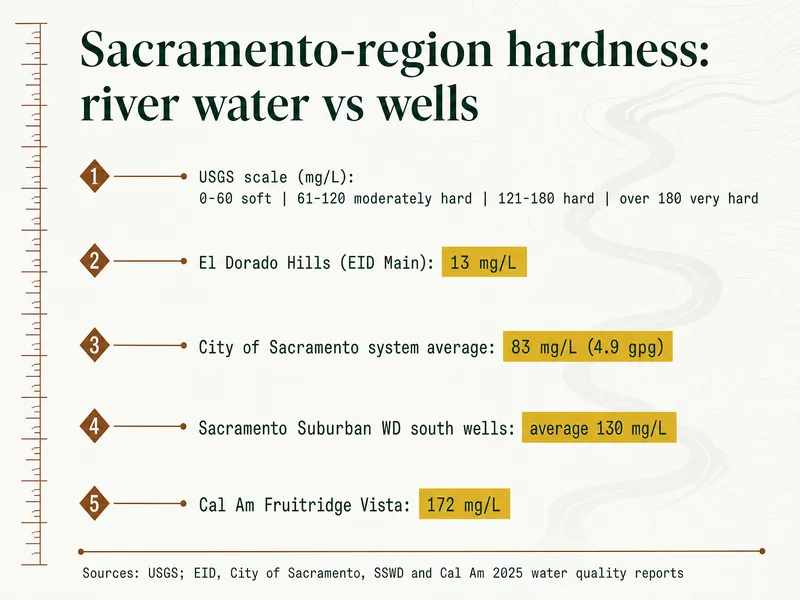 Survey chart titled Sacramento-region hardness: river water vs wells. Marker 1: USGS scale in mg/L, 0-60 soft, 61-120 moderately hard, 121-180 hard, very hard over 180. Marker 2: El Dorado Hills (EID Main) 13 mg/L. Marker 3: the City of Sacramento's average across its system, 83 mg/L (4.9 gpg). Marker 4: Sacramento Suburban WD south wells average 130 mg/L. Marker 5: Cal Am Fruitridge Vista 172 mg/L. Source line: USGS; EID, City of Sacramento, SSWD and Cal Am 2025 water quality reports.