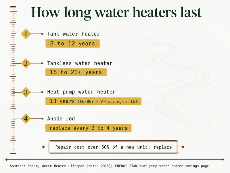 Survey chart titled How long water heaters last: tank water heater 8 to 12 years; tankless water heater 15 to 20+ years; heat pump water heater 13 years in ENERGY STAR savings math; anode rod replace every 3 to 4 years; note that a repair cost over 50% of a new unit means replace; sources Rheem (March 2026) and ENERGY STAR