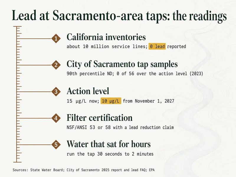 Survey chart titled Lead at Sacramento-area taps: the readings. Marker 1: California inventories, about 10 million service lines, 0 lead reported. Marker 2: City of Sacramento tap samples, 90th percentile ND, 0 of 56 over the action level (2023). Marker 3: Action level, 15 µg/L now, 10 µg/L from November 1, 2027. Marker 4: Filter certification, NSF/ANSI 53 or 58 with a lead reduction claim. Marker 5: Water that sat for hours, run the tap 30 seconds to 2 minutes. Source line: State Water Board; City of Sacramento 2025 report and lead FAQ; EPA.