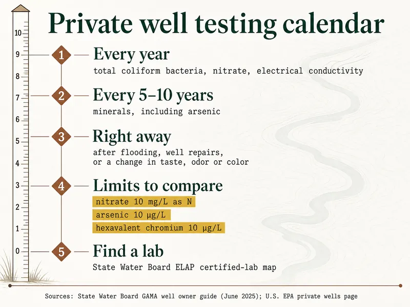 Survey-chart infographic titled "Private well testing calendar". Marker 1, Every year: total coliform bacteria, nitrate, electrical conductivity. Marker 2, Every 5–10 years: minerals, including arsenic. Marker 3, Right away: after flooding, well repairs, or a change in taste, odor or color. Marker 4, Limits to compare: nitrate 10 mg/L as N, arsenic 10 µg/L, hexavalent chromium 10 µg/L. Marker 5, Find a lab: State Water Board ELAP certified-lab map. Source line credits the State Water Board's GAMA well owner booklet (June 2025) and the U.S. EPA private wells page.