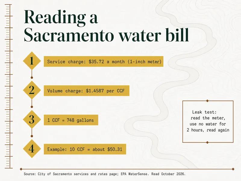 Survey chart titled Reading a Sacramento water bill: 1, service charge $35.72 a month for a 1-inch meter; 2, volume charge $1.4587 per CCF; 3, 1 CCF equals 748 gallons; 4, example 10 CCF comes to about $50.31; 5, leak test: read the meter, wait 2 hours with no water use, read again. Source: City of Sacramento services and rates page; EPA WaterSense, read October 2026.