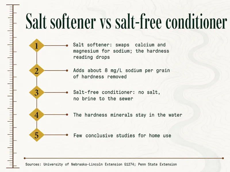 Survey chart titled Salt softener vs salt-free conditioner. Marker 1: salt softener swaps calcium and magnesium for sodium; the hardness reading drops. Marker 2: adds about 8 mg/L sodium per grain of hardness removed. Marker 3: salt-free conditioner, no salt, no brine to the sewer. Marker 4: the hardness minerals stay in the water. Marker 5: few conclusive studies for home use. Sources: University of Nebraska-Lincoln Extension G1274; Penn State Extension.