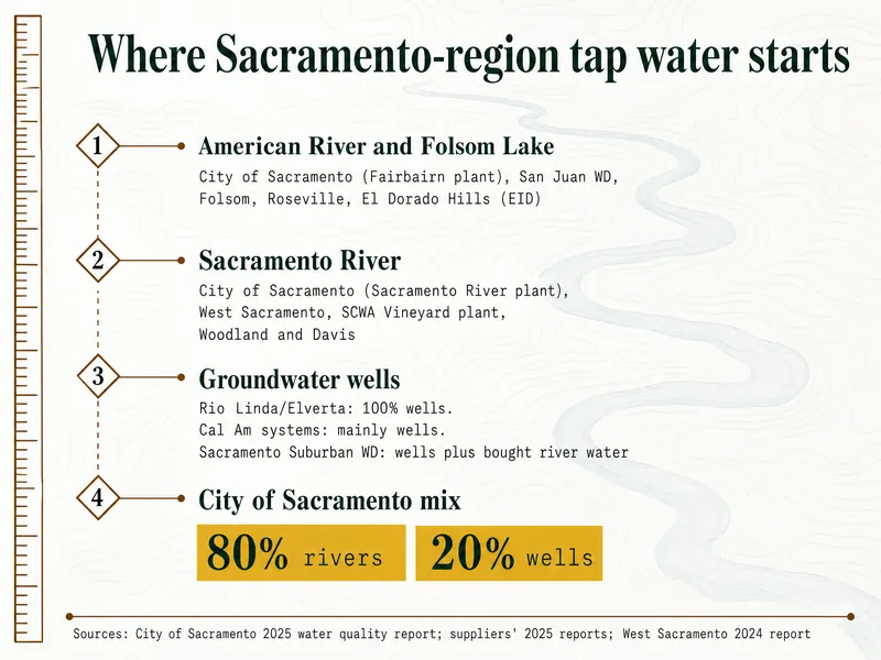 Survey-chart infographic titled "Where Sacramento-region tap water starts". Marker 1, American River and Folsom Lake: City of Sacramento (Fairbairn plant), San Juan WD, Folsom, Roseville, El Dorado Hills (EID). Marker 2, Sacramento River: City of Sacramento (Sacramento River plant), West Sacramento, SCWA Vineyard plant, Woodland and Davis. Marker 3, Groundwater wells: Rio Linda/Elverta 100% wells; Cal Am systems mainly wells; Sacramento Suburban WD wells plus bought river water. Marker 4, City of Sacramento mix: 80% rivers, 20% wells. Source line: City of Sacramento 2025 water quality report; suppliers' 2025 reports; West Sacramento 2024 report.
