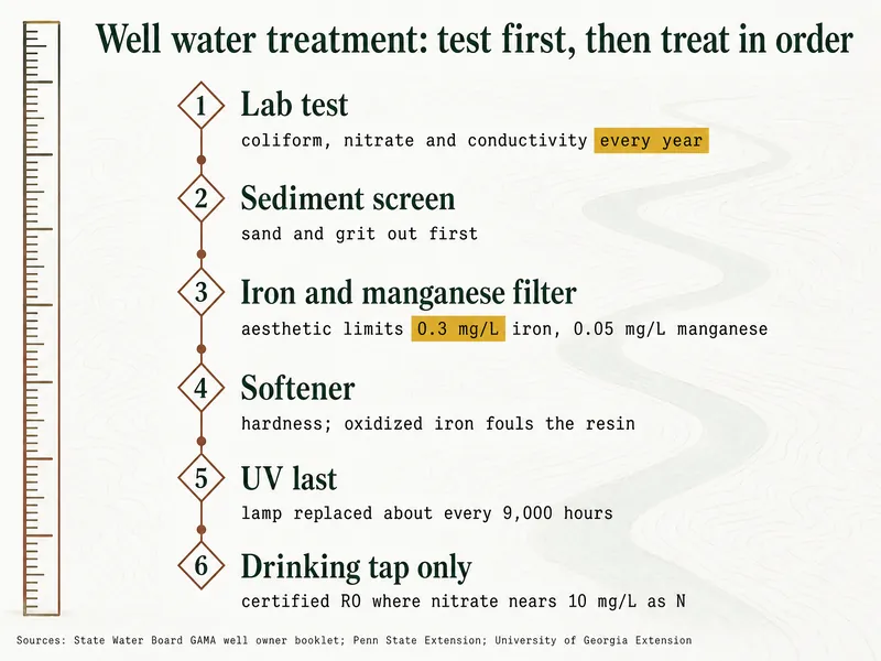 Survey chart titled Well water treatment: test first, then treat in order. Marker 1: Lab test, coliform, nitrate and conductivity every year. Marker 2: Sediment screen, sand and grit out first. Marker 3: Iron and manganese filter, aesthetic limits 0.3 mg/L iron, 0.05 mg/L manganese. Marker 4: Softener, hardness; oxidized iron fouls the resin. Marker 5: UV last, lamp replaced about every 9,000 hours. Marker 6: Drinking tap only, certified RO where nitrate nears 10 mg/L as N. Source line: State Water Board GAMA well owner booklet; Penn State Extension; University of Georgia Extension.