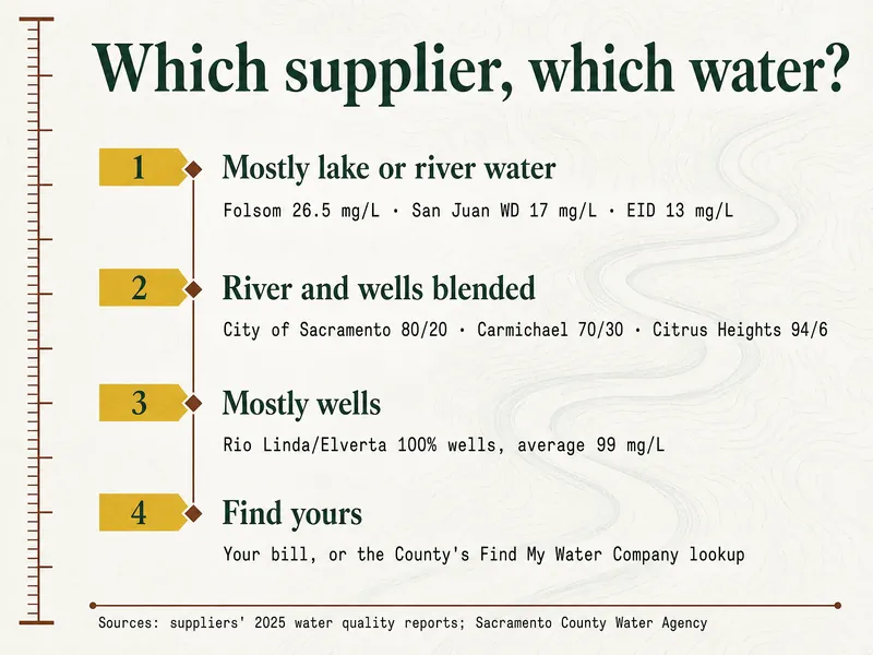 Survey-chart infographic titled "Which supplier, which water?". Marker 1, Mostly lake or river water: Folsom 26.5 mg/L, San Juan WD 17 mg/L, EID 13 mg/L. Marker 2, River and wells blended: City of Sacramento 80/20, Carmichael 70/30, Citrus Heights 94/6. Marker 3, Mostly wells: Rio Linda/Elverta 100% wells, average 99 mg/L. Marker 4, Find yours: your bill, or the County's Find My Water Company lookup. Source line: suppliers' 2025 water quality reports; Sacramento County Water Agency.