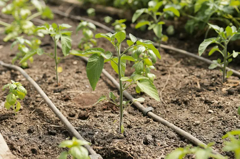 Seedlings in a mulched garden bed fed by thin black drip irrigation lines