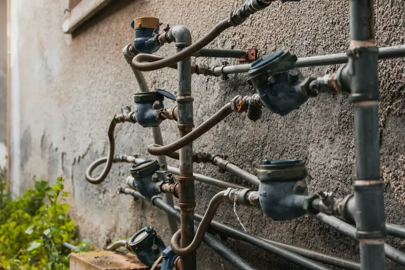 A row of water meters plumbed into pipes along an exterior wall